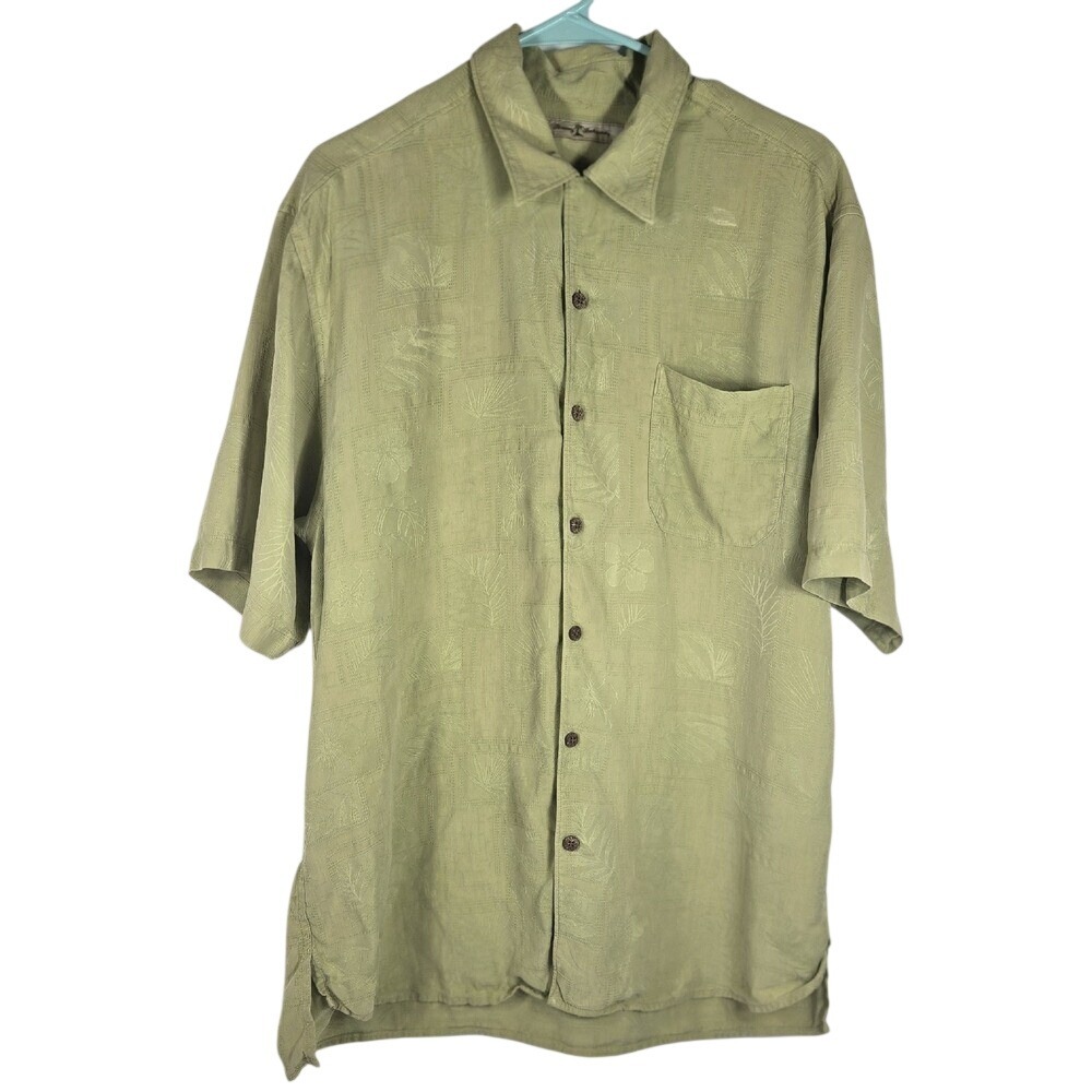 Tommy Bahama Shirt Mens L Green 100‎ Silk Palm Leaf Jacquard Short Sleeve